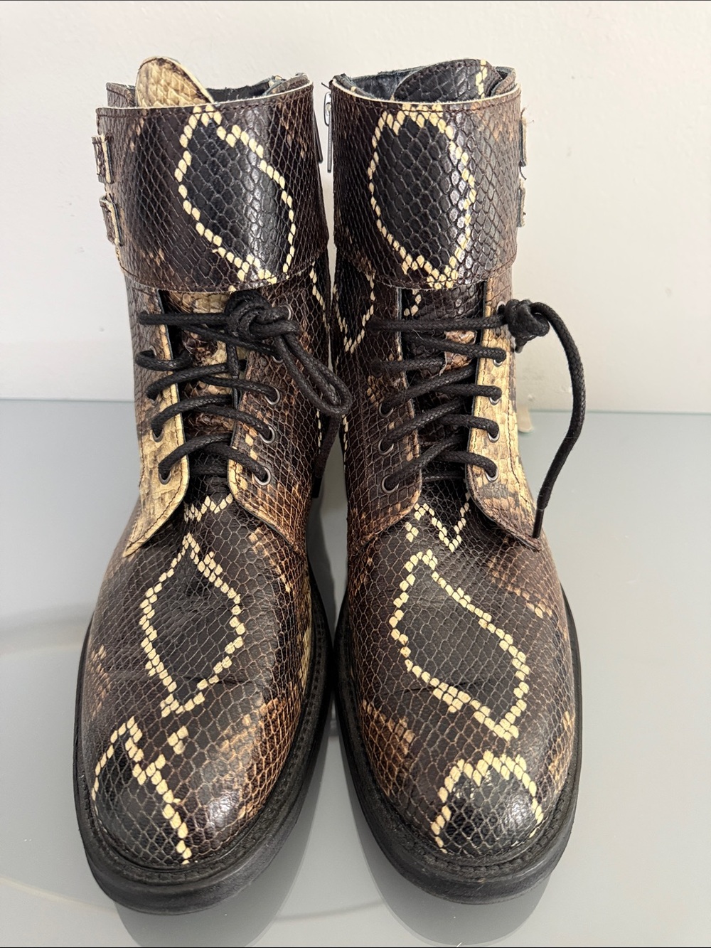 All Saints Snake-Print Lace-Up Combat Boots in Brown & Cream